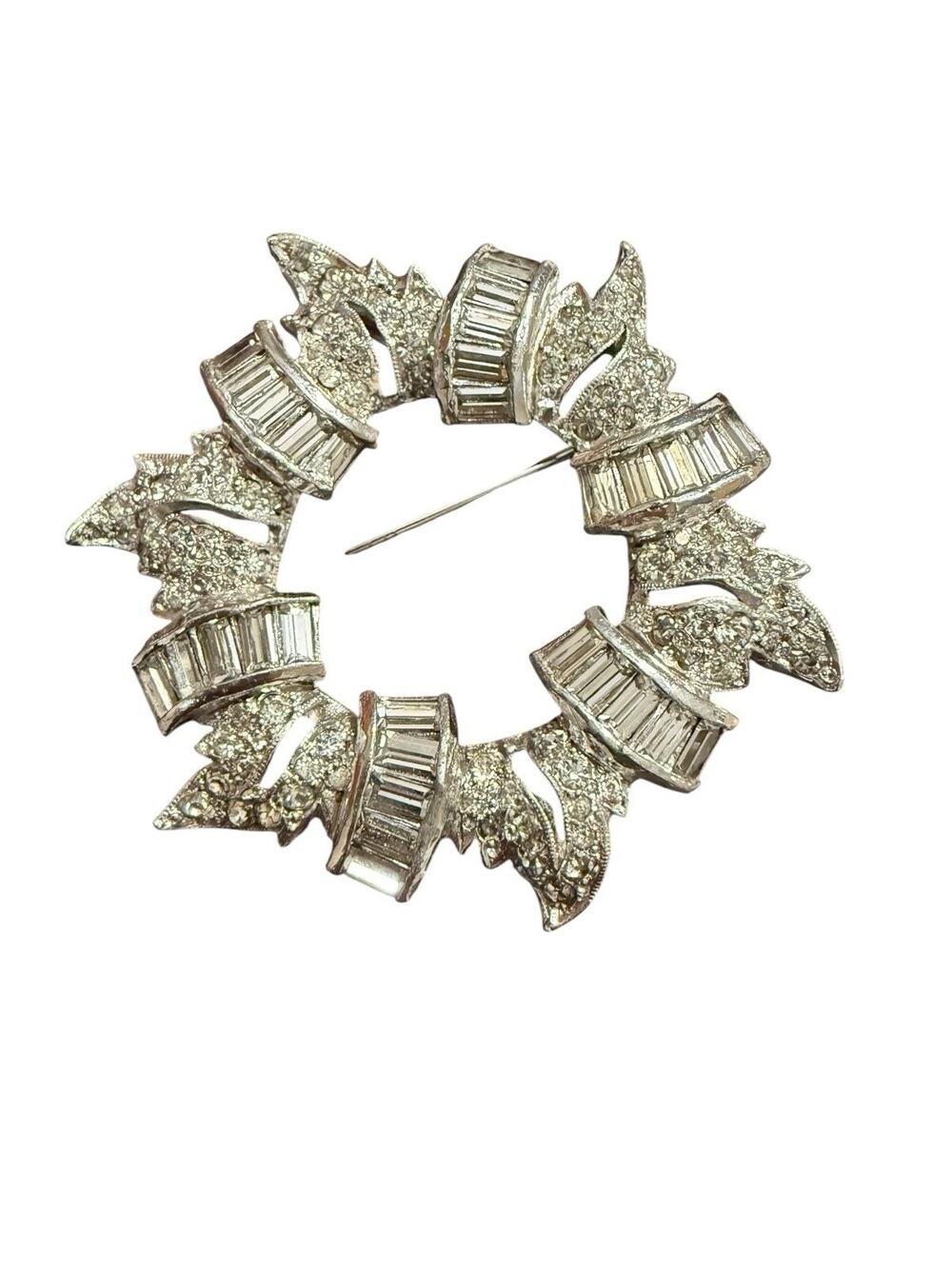 Vintage Signed Kramer Silver Tone Baguette & Pave Rhinestone Wreath Brooch